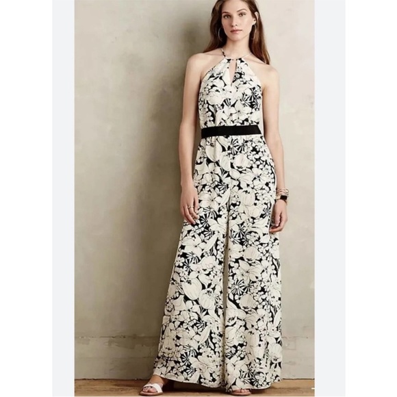 Anthropologie Elevenses Floral Lilium Silk Jumpsuit Size Small Black Cream - Picture 1 of 15
